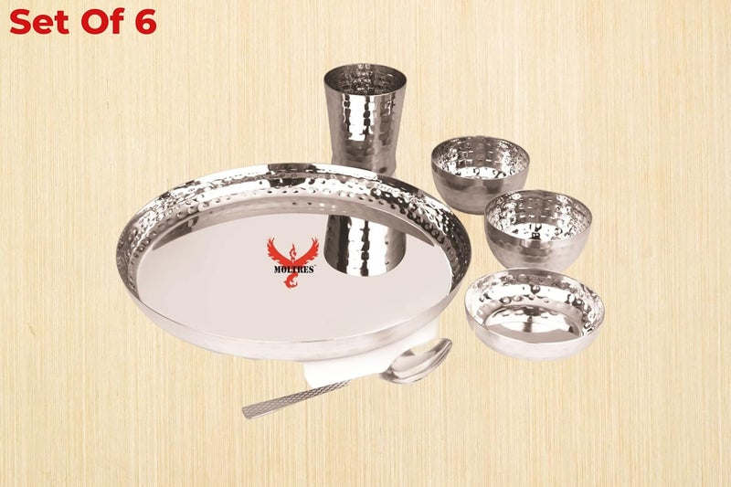 MOLTRES Royal Hammered Steel Dinner Set of 618 Gauge Rust Free Includes 1 Thali 1 Sweet Dish 2 Bowls 1 Spoon 1 Glass Premium Mirror Polished Steel Finish Hammered Set of 6 - Image 5