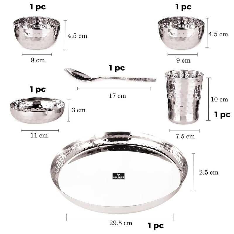 MOLTRES Royal Hammered Steel Dinner Set of 618 Gauge Rust Free Includes 1 Thali 1 Sweet Dish 2 Bowls 1 Spoon 1 Glass Premium Mirror Polished Steel Finish Hammered Set of 6 - Image 2