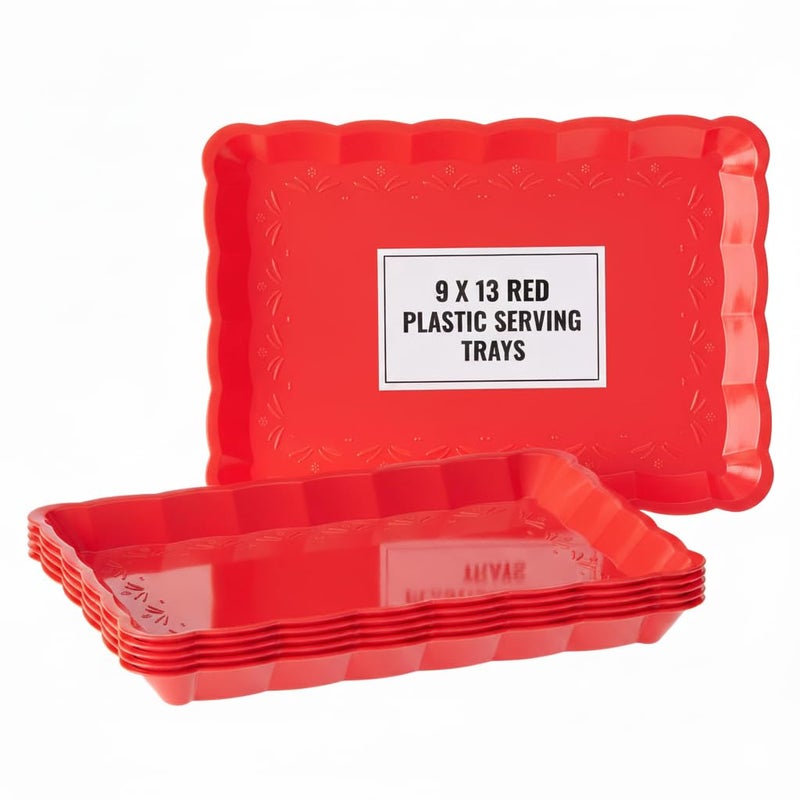 R-kay 6 Pack Red Plastic Serving Trays for Party, 9 x 13 Inch - Heavy Duty Plastic Trays for Food - Rectangular Party Serving Trays and Platters - Red Disposable Trays - Image 1