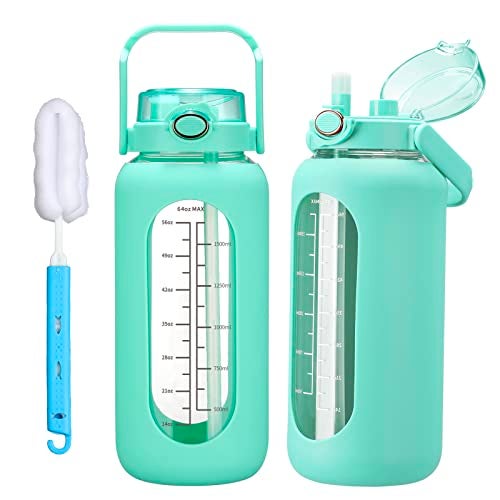 chunmo 64oz Glass Water Bolttles with Straw Half Gallon Large Motivational Water Bottle with Time Marker Sports Water Bottles with Silicone Sleeve and Handle Lid Water Jug for Gym Workout
