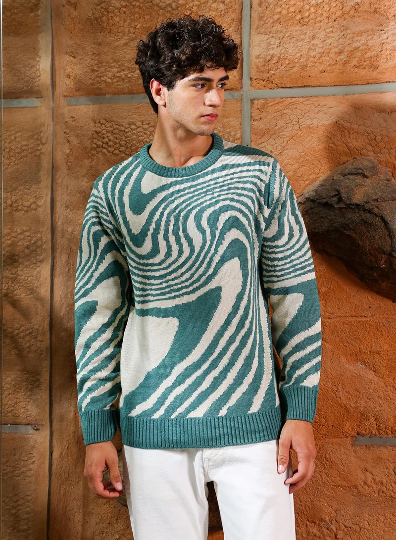 Campus Sutra Men's Emerald Green Fluid-Jacquard Knit Pullover Sweater | Round Neck , Ribbed Cuff Sleeves , Pull On Closure , Ribbed-Straight Hem | Abstract Jacquard For Casual & Daily Wear