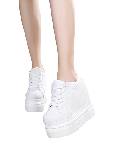 ACE SHOCK Women Fashion Platform Sneakers Wide Width High Hidden Heel Wedge Walking Shoes (7, Without Flower White) - Image 2