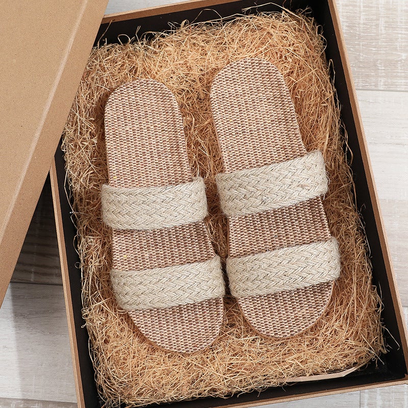 Summer linen slippers woven home indoor couple sandals breathable non-slip sweat-absorbing wooden floor cotton and linen straw shoes - Image 1
