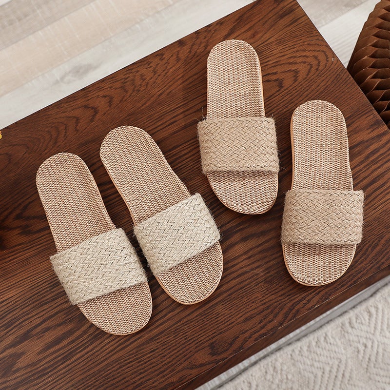 Summer linen slippers woven home indoor couple sandals breathable non-slip sweat-absorbing wooden floor cotton and linen straw shoes - Image 3