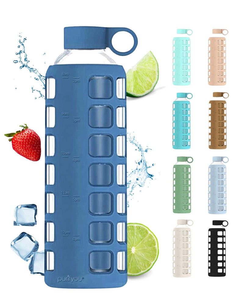 purifyou Premium 40/32 / 22/12 oz Glass Water Bottles with Volume & Times to Drink  Silicone Sleeve & Stainless Steel Lid Insert  Reusable Bottle for Fridge Water  Juice (40oz Chinese Porcelain)