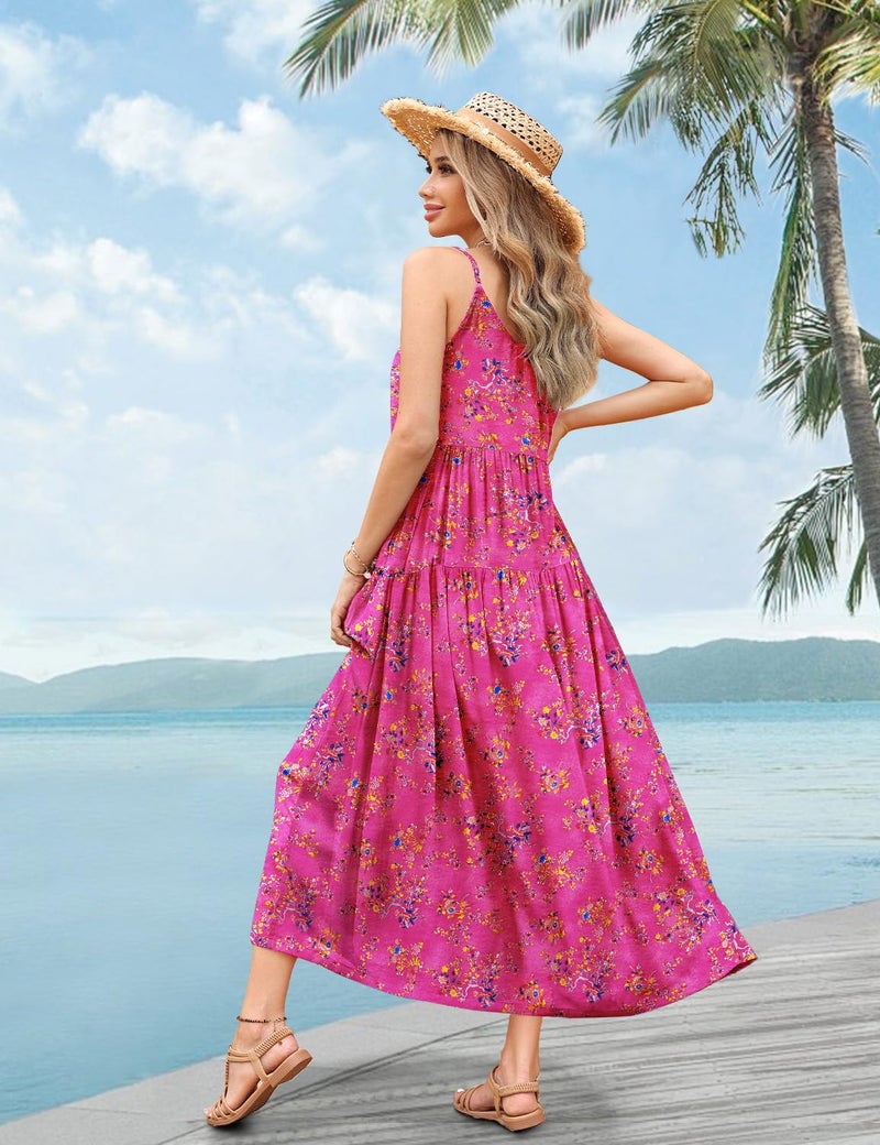 YESNO Summer Bohemian Floral Dresses for Women Spaghetti Straps Maxi Dress Casual Flowy Dresses with Pockets L ES0 CR26 - Image 3