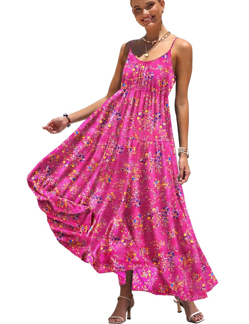YESNO Summer Bohemian Floral Dresses for Women Spaghetti Straps Maxi Dress Casual Flowy Dresses with Pockets L ES0 CR26 - Image 1