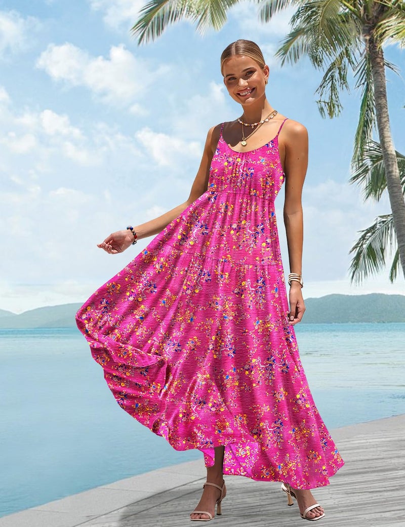 YESNO Summer Bohemian Floral Dresses for Women Spaghetti Straps Maxi Dress Casual Flowy Dresses with Pockets L ES0 CR26 - Image 4