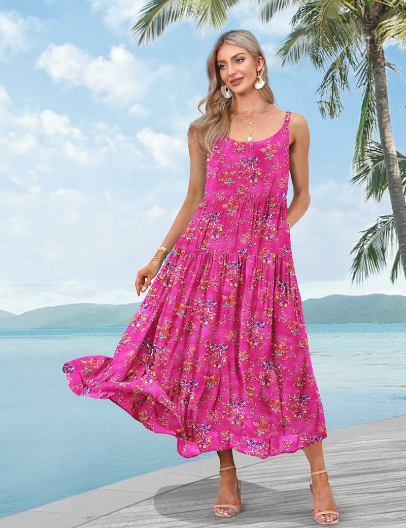 YESNO Summer Bohemian Floral Dresses for Women Spaghetti Straps Maxi Dress Casual Flowy Dresses with Pockets L ES0 CR26 - Image 2