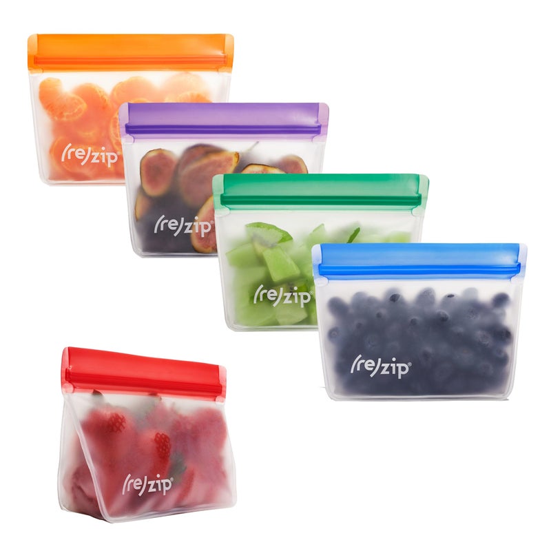 re zip 5pack StandUp Reusable Bags  BPAFree Food Grade Leakproof Freezer and Dishwasher Safe  5 SnackSize Bags 1Cup  8Oz  Jewel Tones for Easy Organization