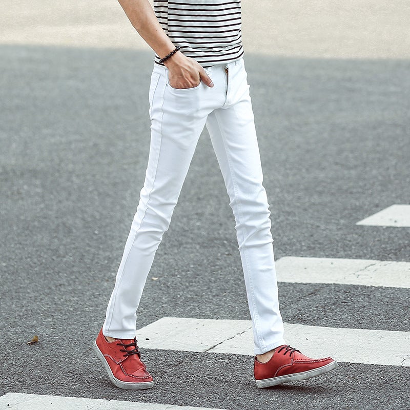 Generic One-piece delivery young mens foreign trade slim fit skinny jeans mid-waist Korean style fashionable mens stretch long pants 520# White 