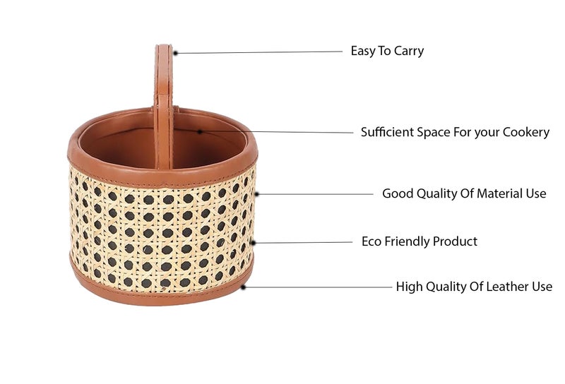 AKWAY Wicker Round Spoon Stand for Dining Table Chammach Stand | Remote Stand Holder | Wooden cutlery holder | Kitchen rack Café resto-bar tableware keeping spoons, knives, tv remote (Brown) - Image 5