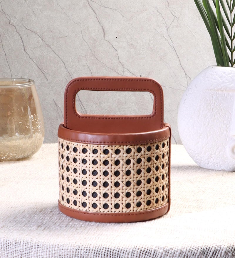 AKWAY Wicker Round Spoon Stand for Dining Table Chammach Stand | Remote Stand Holder | Wooden cutlery holder | Kitchen rack Café resto-bar tableware keeping spoons, knives, tv remote (Brown) - Image 3