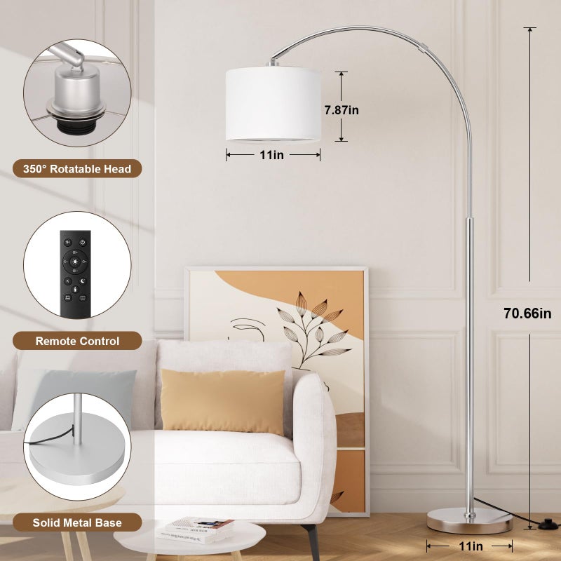 Ambimall Dimmable Arc Floor Lamp with Remote, Color Temperatures and Brightness Adjustable, Arched Floor Lamp with Rotating Head, Over Couch Arched Reading Light for Living Room (White and Silver) - Image 2