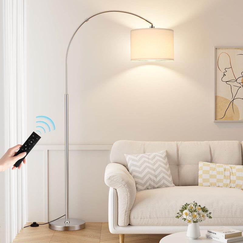 Ambimall Dimmable Arc Floor Lamp with Remote, Color Temperatures and Brightness Adjustable, Arched Floor Lamp with Rotating Head, Over Couch Arched Reading Light for Living Room (White and Silver) - Image 1