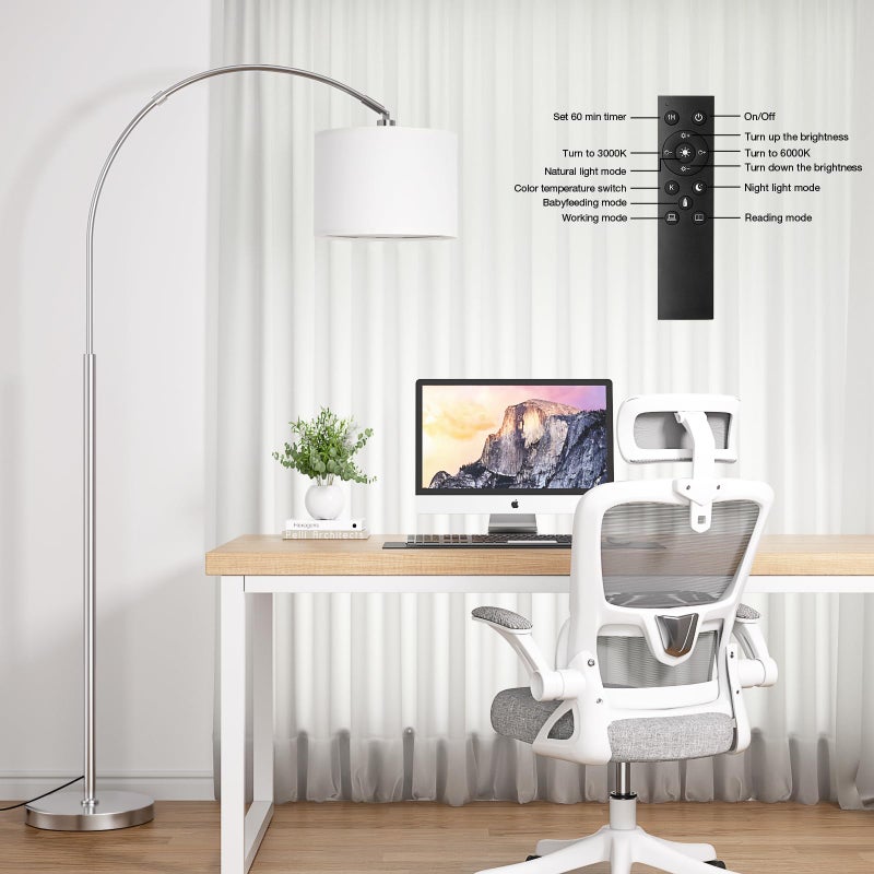 Ambimall Dimmable Arc Floor Lamp with Remote, Color Temperatures and Brightness Adjustable, Arched Floor Lamp with Rotating Head, Over Couch Arched Reading Light for Living Room (White and Silver) - Image 3