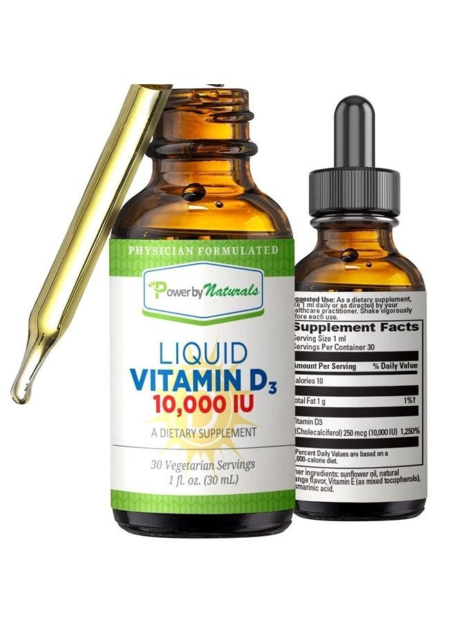 Power By Naturals - High-Potency Vitamin D3 Liquid Drops 10000 IU - Bone Strength Supplement & Immune Booster for Adults - Gluten-Free, Non-GMO, Sugar-Free Liquid Vitamins - Orange Flavor, 30 Servings, 1 fl oz - Image 1