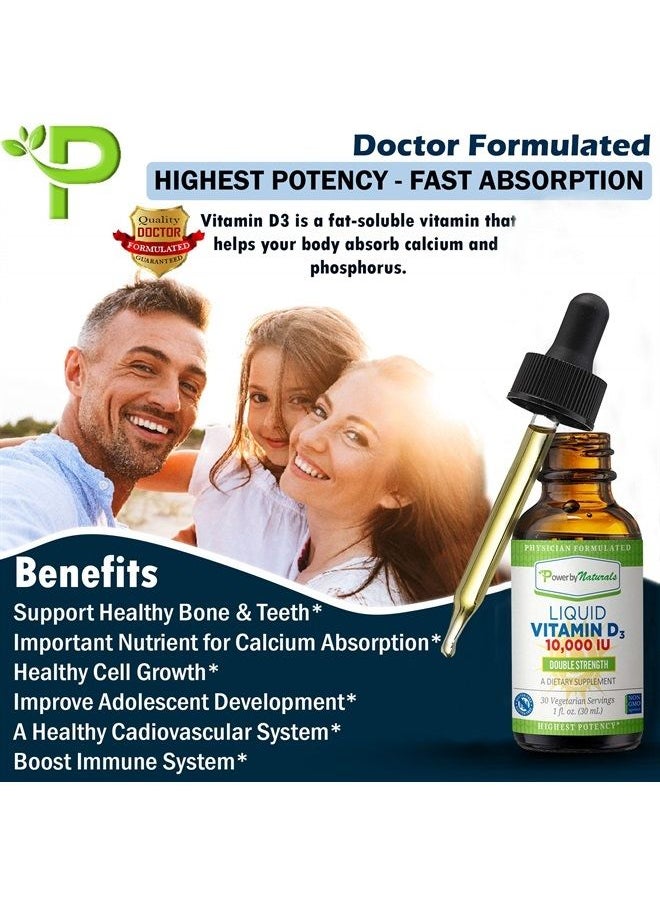 Power By Naturals - High-Potency Vitamin D3 Liquid Drops 10000 IU - Bone Strength Supplement & Immune Booster for Adults - Gluten-Free, Non-GMO, Sugar-Free Liquid Vitamins - Orange Flavor, 30 Servings, 1 fl oz - Image 1