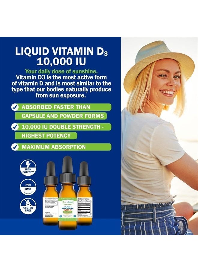Power By Naturals - High-Potency Vitamin D3 Liquid Drops 10000 IU - Bone Strength Supplement & Immune Booster for Adults - Gluten-Free, Non-GMO, Sugar-Free Liquid Vitamins - Orange Flavor, 30 Servings, 1 fl oz - Image 1