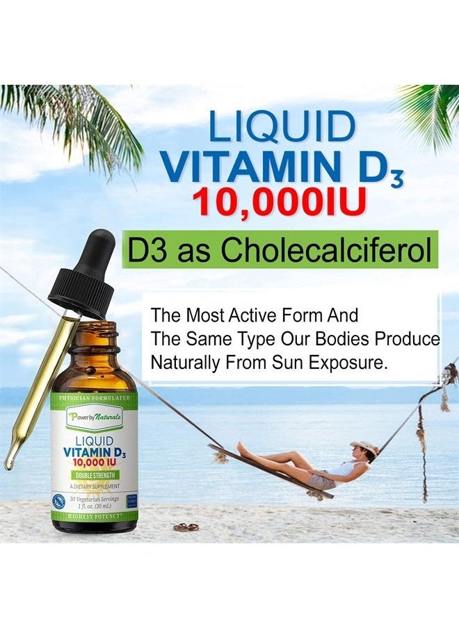 Power By Naturals - High-Potency Vitamin D3 Liquid Drops 10000 IU - Bone Strength Supplement & Immune Booster for Adults - Gluten-Free, Non-GMO, Sugar-Free Liquid Vitamins - Orange Flavor, 30 Servings, 1 fl oz - Image 1