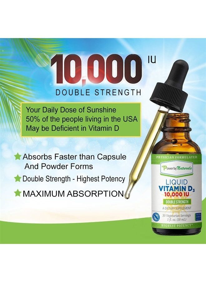 Power By Naturals - High-Potency Vitamin D3 Liquid Drops 10000 IU - Bone Strength Supplement & Immune Booster for Adults - Gluten-Free, Non-GMO, Sugar-Free Liquid Vitamins - Orange Flavor, 30 Servings, 1 fl oz - Image 1