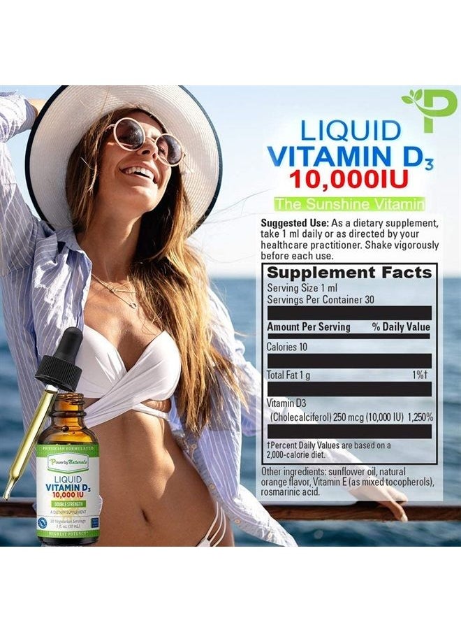 Power By Naturals - High-Potency Vitamin D3 Liquid Drops 10000 IU - Bone Strength Supplement & Immune Booster for Adults - Gluten-Free, Non-GMO, Sugar-Free Liquid Vitamins - Orange Flavor, 30 Servings, 1 fl oz - Image 1