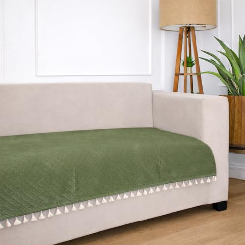 STITCHNEST 3 Seater Quilted Velvet Sofa Cover with Tassels | Elegant Olive Sofa Protector for Living Room | Soft, Washable | Perfect for Enhancing Living Room Interiors - Image 1