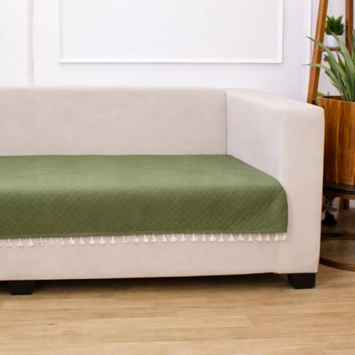 STITCHNEST 3 Seater Quilted Velvet Sofa Cover with Tassels | Elegant Olive Sofa Protector for Living Room | Soft, Washable | Perfect for Enhancing Living Room Interiors - Image 3