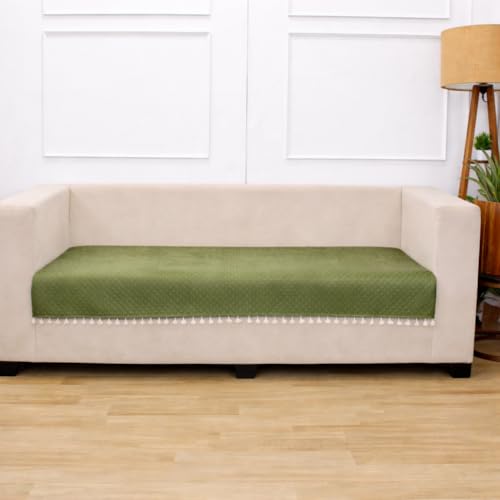 STITCHNEST 3 Seater Quilted Velvet Sofa Cover with Tassels | Elegant Olive Sofa Protector for Living Room | Soft, Washable | Perfect for Enhancing Living Room Interiors - Image 2