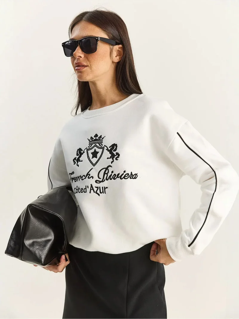 Bianco Lucci Ivory Natural LUCCI Crew Neck Embroidered Sweatshirt for Women | Best Price UAE