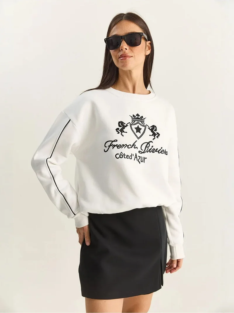Bianco Lucci Ivory Natural LUCCI Crew Neck Embroidered Sweatshirt for Women | Best Price UAE
