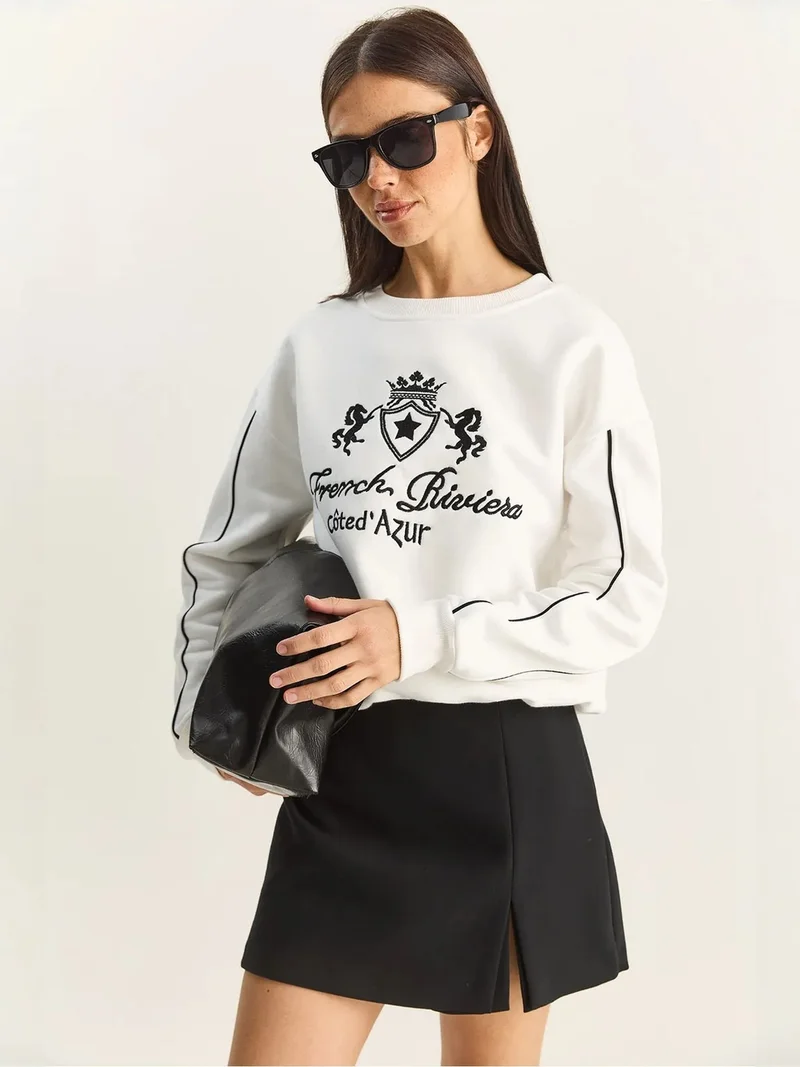 Bianco Lucci Ivory Natural LUCCI Crew Neck Embroidered Sweatshirt for Women | Best Price UAE