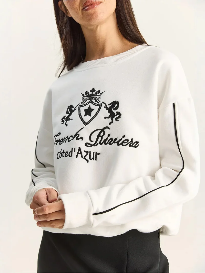 Bianco Lucci Ivory Natural LUCCI Crew Neck Embroidered Sweatshirt for Women | Best Price UAE