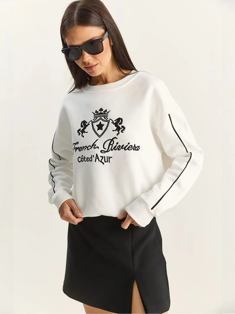 Bianco Lucci Ivory Natural LUCCI Crew Neck Embroidered Sweatshirt for Women | Best Price UAE