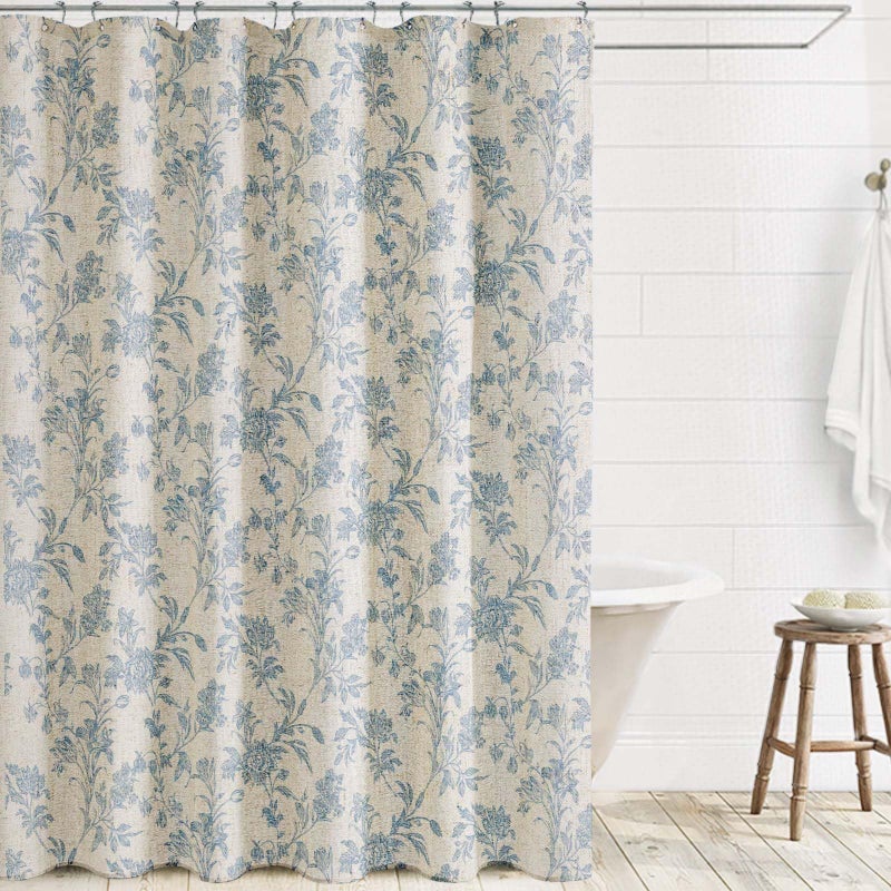Wouvma Extra Long Blue Shower Curtain Floral Cotton Linen Cottagecore Shower Curtain For Bathroom 84"" L X 72"" W - Image 5