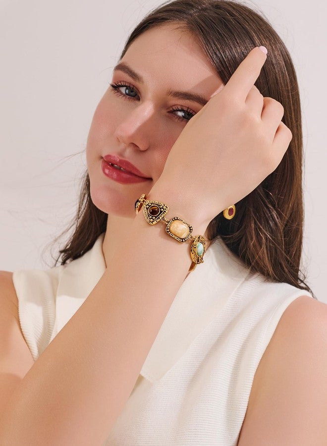 WOWORAMA Vintage Gold Bracelet for Women Chunky Statement Bracelets Colorful Geometric Resin Stone Bracelets Hammered Gold Chain Bracelets Jewelry - Image 2