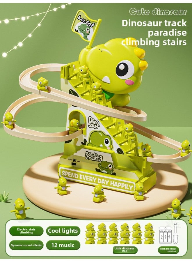 Children's Small Dinosaur Climbing Stairs Children's Electric Track One Year Old Girl Boy Tyrannosaurus Rex Toy Slide-Color:Upgraded Music Version [dinosaur Climbing Stairs-rechargeable Version] - 12 Little Dinosaurs-Scale:Official Standard  - Image 1