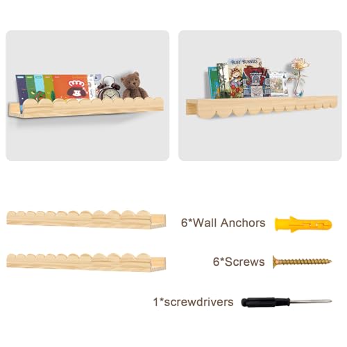 icnjdMopclean Nursery Book Shelves 24Inches-Floating Shelves for Bedroom Kids, Scalloped Shelves for Wall 2 Pack, Scalloped Shelf for Toddler Room, Baby Room, Nursery Decor, Natural, Large - Image 3