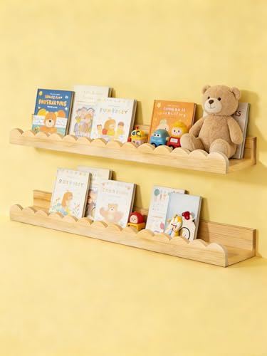 icnjdMopclean Nursery Book Shelves 24Inches-Floating Shelves for Bedroom Kids, Scalloped Shelves for Wall 2 Pack, Scalloped Shelf for Toddler Room, Baby Room, Nursery Decor, Natural, Large - Image 1