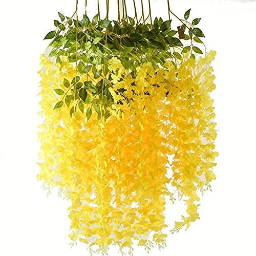 Tia Crafts Polyester Artificial Hanging Flowers For Ceiling Balcony | Wisteria Vine | Home Party Decor Garden Outdoor Greenery Office Wall Decoration | Waterproof Washable - 3.7Ft/45 Inch (Yellow, 6) - Image 5