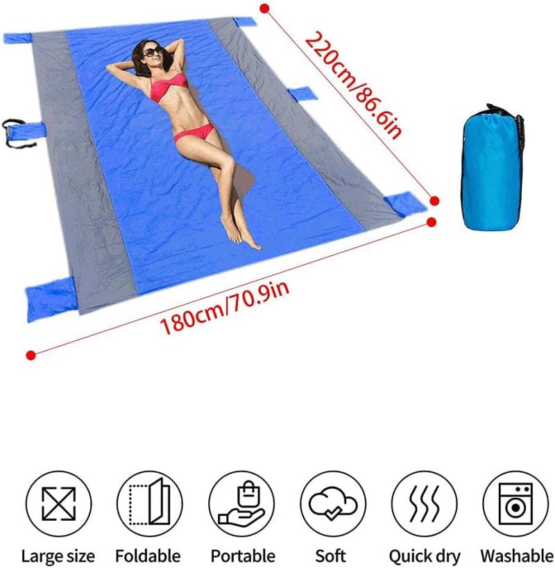 Waterproof Sandproof Beach Blanket 220 x 180 cm Extra Large Picnic Mat - Durable 210T Polyester Lightweight Portable Outdoor Blanket with Storage Pockets for Travel Camping Hiking - Image 5