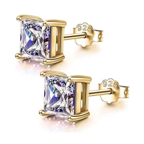HIGHSPARK 925 Silver Solitaire Square Earrings for Women | 92.5 Sterling Silver and Princess Cut Diamond like Brilliance Sparkling Zirconia for that Stunning Shine | Lovely Gift - Gold 6mm - Image 1