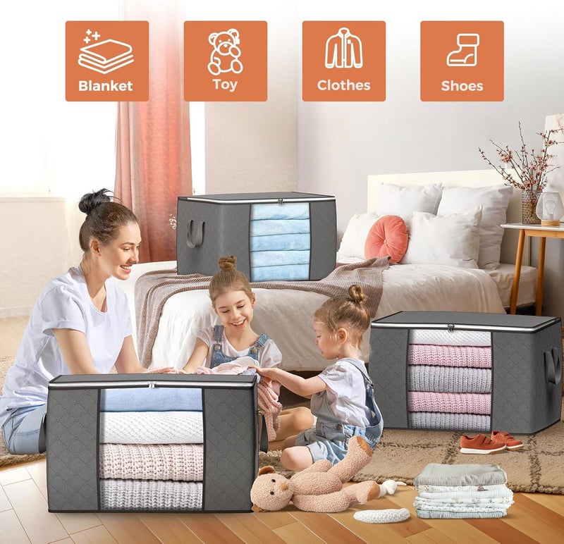 90 L Large Storage Bags, 6 Pack Foldable Closet Organizers with Reinforced Handles for Clothing and Bedding (Gray) - Image 3