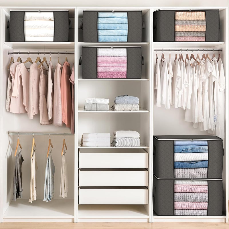 90 L Large Storage Bags, 6 Pack Foldable Closet Organizers with Reinforced Handles for Clothing and Bedding (Gray) - Image 5