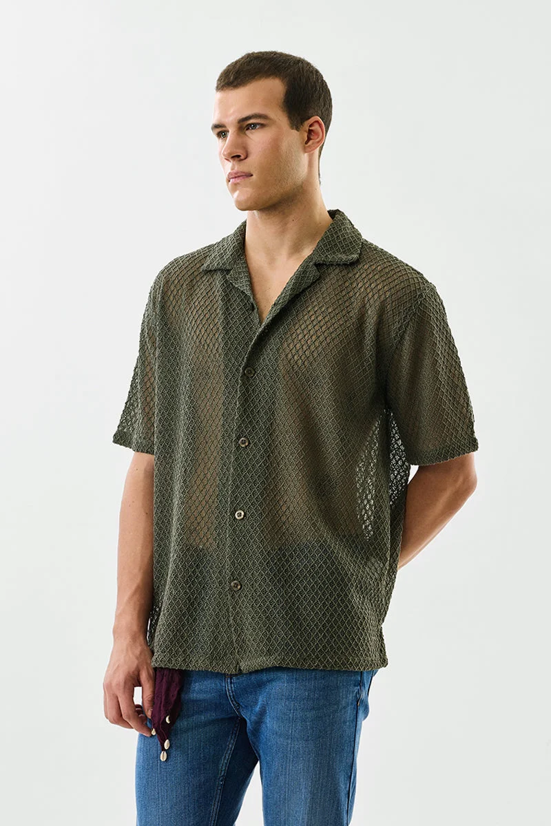 SNITCH Box Fit Crochet Cuban Collar Shirt