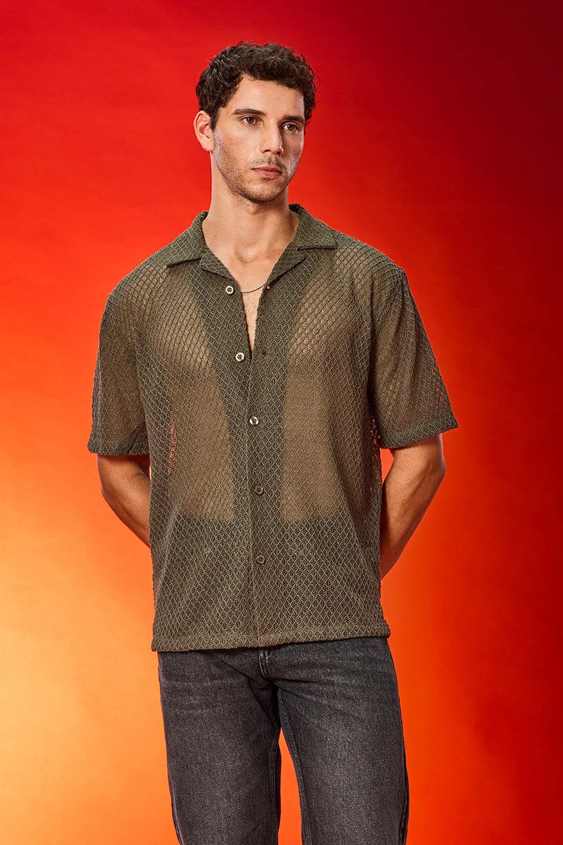 SNITCH Box Fit Crochet Cuban Collar Shirt