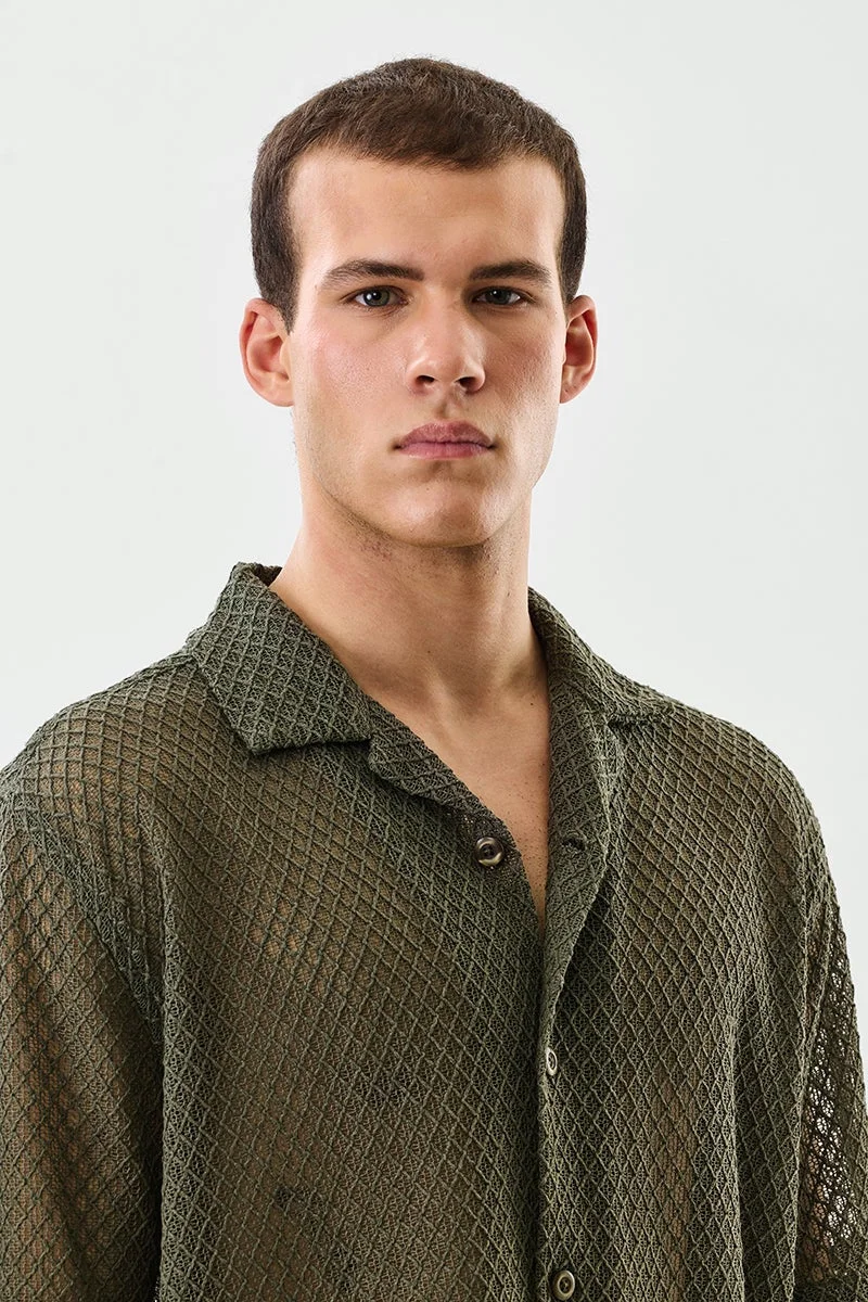 Snitch Olive Box Fit Crochet Cuban Collar Shirt for Men | Best Price UAE