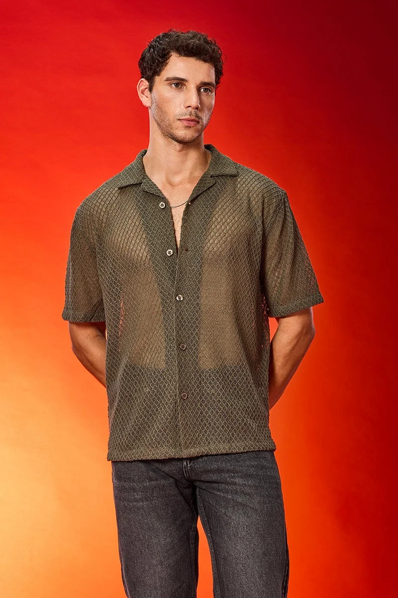 SNITCH Box Fit Crochet Cuban Collar Shirt