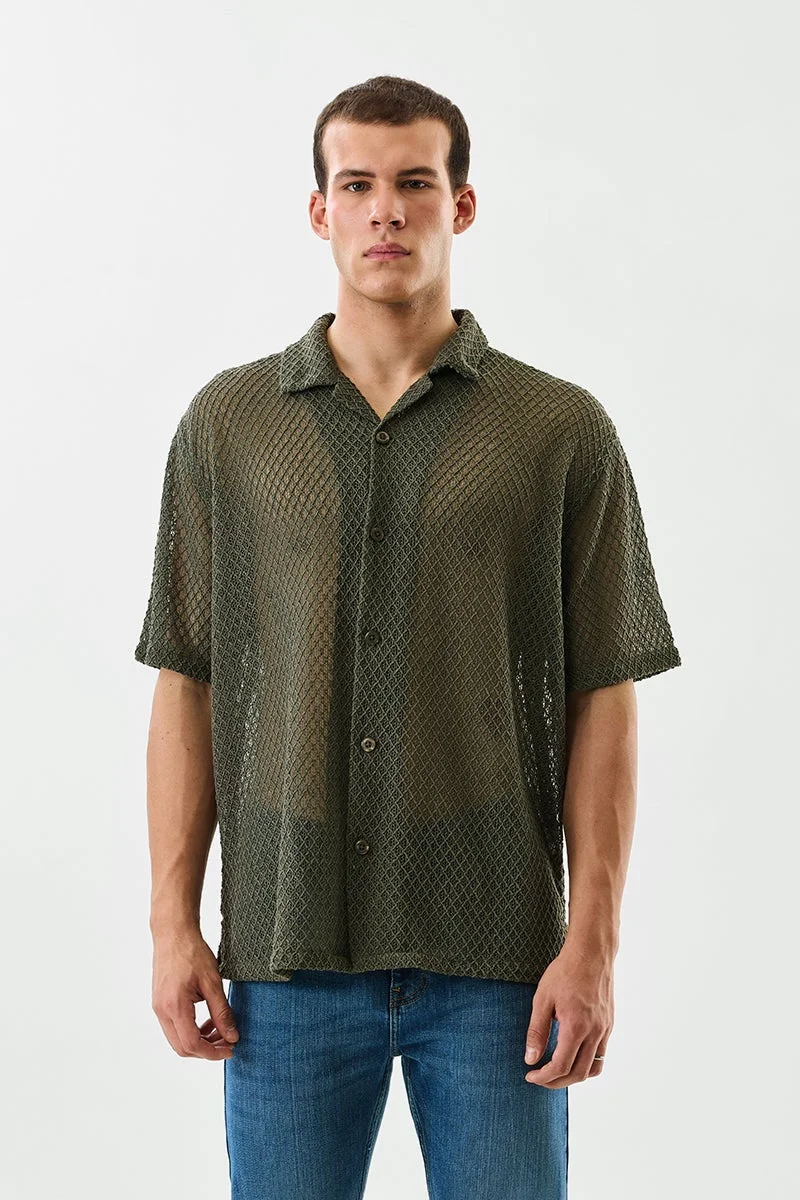 Snitch Olive Box Fit Crochet Cuban Collar Shirt for Men | Best Price UAE