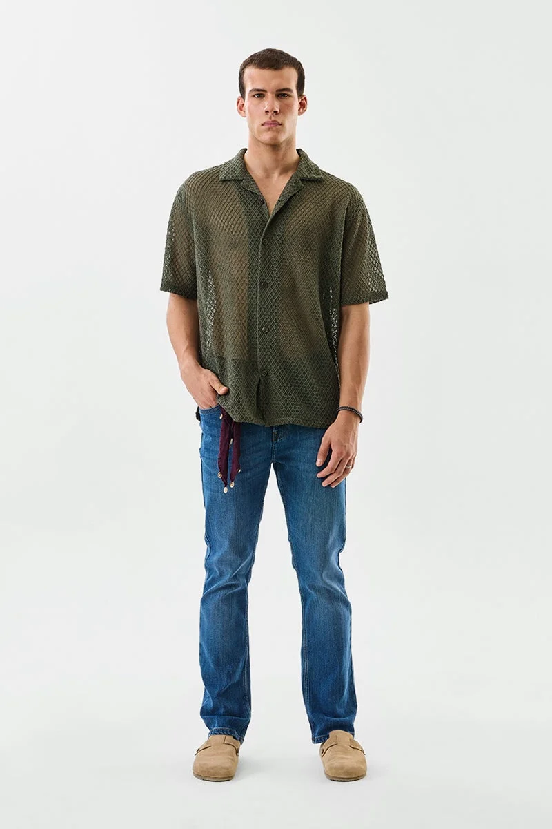Snitch Olive Box Fit Crochet Cuban Collar Shirt for Men | Best Price UAE